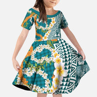 Hawaiian Plumeria Lei Kid Short Sleeve Dress Kakau Motifs and Palaka Half Style Turquoise Color LT03 KID Turquoise - Polynesian Pride