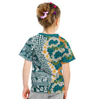 Hawaiian Plumeria Lei Kid T Shirt Kakau Motifs and Palaka Half Style Turquoise Color LT03 - Polynesian Pride