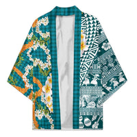 Hawaiian Plumeria Lei Kimono Kakau Motifs and Palaka Half Style Turquoise Color LT03 Unisex Turquoise - Polynesian Pride