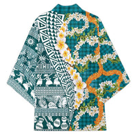 Hawaiian Plumeria Lei Kimono Kakau Motifs and Palaka Half Style Turquoise Color LT03 - Polynesian Pride