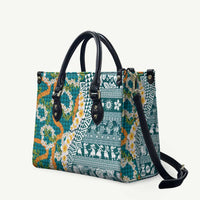 Hawaiian Plumeria Lei Leather Bag Kakau Motifs and Palaka Half Style Turquoise Color LT03 Turquoise - Polynesian Pride