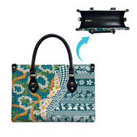 Hawaiian Plumeria Lei Leather Bag Kakau Motifs and Palaka Half Style Turquoise Color LT03 - Polynesian Pride