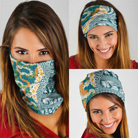 Hawaiian Plumeria Lei Neck Gaiter Kakau Motifs and Palaka Half Style Turquoise Color LT03 - Polynesian Pride