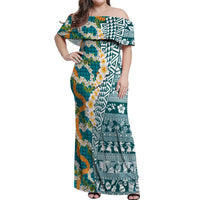 Hawaiian Plumeria Lei Off Shoulder Maxi Dress Kakau Motifs and Palaka Half Style Turquoise Color LT03 Women Turquoise - Polynesian Pride