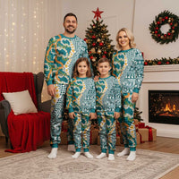 Hawaiian Plumeria Lei Christmas Pajama Set Kakau Motifs and Palaka Half Style Turquoise Color LT03 - Polynesian Pride