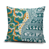 Hawaiian Plumeria Lei Pillow Cover Kakau Motifs and Palaka Half Style Turquoise Color LT03 Turquoise - Polynesian Pride