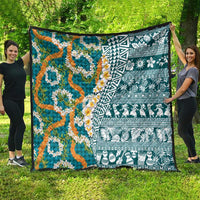 Hawaiian Plumeria Lei Quilt Kakau Motifs and Palaka Half Style Turquoise Color LT03 - Polynesian Pride