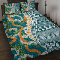 Hawaiian Plumeria Lei Quilt Bed Set Kakau Motifs and Palaka Half Style Turquoise Color LT03 Turquoise - Polynesian Pride