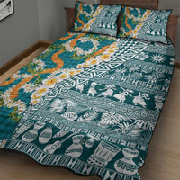 Hawaiian Plumeria Lei Quilt Bed Set Kakau Motifs and Palaka Half Style Turquoise Color LT03 - Polynesian Pride