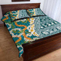 Hawaiian Plumeria Lei Quilt Bed Set Kakau Motifs and Palaka Half Style Turquoise Color LT03 - Polynesian Pride
