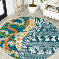 Hawaiian Plumeria Lei Round Carpet Kakau Motifs and Palaka Half Style Turquoise Color LT03 Turquoise - Polynesian Pride