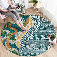 Hawaiian Plumeria Lei Round Carpet Kakau Motifs and Palaka Half Style Turquoise Color LT03 - Polynesian Pride