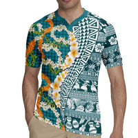 Hawaiian Plumeria Lei Rugby Jersey Kakau Motifs and Palaka Half Style Turquoise Color LT03 - Polynesian Pride