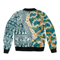 Hawaiian Plumeria Lei Sleeve Zip Bomber Jacket Kakau Motifs and Palaka Half Style Turquoise Color LT03 - Polynesian Pride
