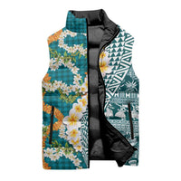 Hawaiian Plumeria Lei Sleeveless Puffer Jacket Kakau Motifs and Palaka Half Style Turquoise Color LT03 - Polynesian Pride