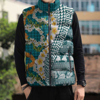 Hawaiian Plumeria Lei Sleeveless Puffer Jacket Kakau Motifs and Palaka Half Style Turquoise Color LT03 - Polynesian Pride
