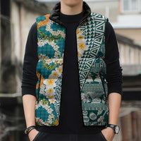 Hawaiian Plumeria Lei Sleeveless Puffer Jacket Kakau Motifs and Palaka Half Style Turquoise Color LT03 - Polynesian Pride