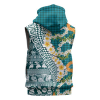 Hawaiian Plumeria Lei Sleeveless Zip Hoodie Kakau Motifs and Palaka Half Style Turquoise Color LT03 - Polynesian Pride