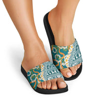 Hawaiian Plumeria Lei Slide Sandals Kakau Motifs and Palaka Half Style Turquoise Color LT03 - Polynesian Pride