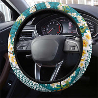 Hawaiian Plumeria Lei Steering Wheel Cover Kakau Motifs and Palaka Half Style Turquoise Color LT03 - Polynesian Pride