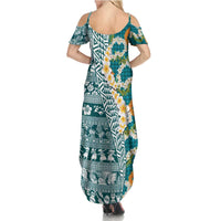 Hawaiian Plumeria Lei Summer Maxi Dress Kakau Motifs and Palaka Half Style Turquoise Color LT03 - Polynesian Pride