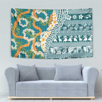 Hawaiian Plumeria Lei Tapestry Kakau Motifs and Palaka Half Style Turquoise Color LT03 - Polynesian Pride