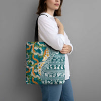 Hawaiian Plumeria Lei Tote Bag Kakau Motifs and Palaka Half Style Turquoise Color LT03 - Polynesian Pride