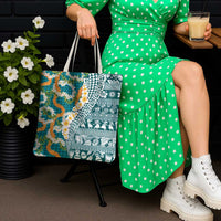 Hawaiian Plumeria Lei Tote Bag Kakau Motifs and Palaka Half Style Turquoise Color LT03 - Polynesian Pride
