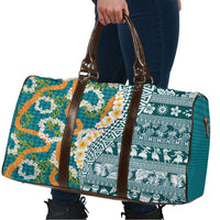 Hawaiian Plumeria Lei Travel Bag Kakau Motifs and Palaka Half Style Turquoise Color LT03 - Polynesian Pride
