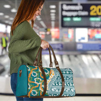 Hawaiian Plumeria Lei Travel Bag Kakau Motifs and Palaka Half Style Turquoise Color LT03 - Polynesian Pride