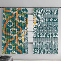 Hawaiian Plumeria Lei Window Curtain Kakau Motifs and Palaka Half Style Turquoise Color LT03 With Hooks Turquoise - Polynesian Pride