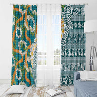 Hawaiian Plumeria Lei Window Curtain Kakau Motifs and Palaka Half Style Turquoise Color LT03 - Polynesian Pride