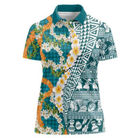 Hawaiian Plumeria Lei Women Polo Shirt Kakau Motifs and Palaka Half Style Turquoise Color LT03 Female Turquoise - Polynesian Pride