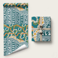 Hawaiian Plumeria Lei Wrapping Paper Kakau Motifs and Palaka Half Style Turquoise Color LT03 58" × 23" Turquoise - Polynesian Pride