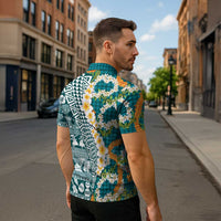 Hawaiian Plumeria Lei Zipper Polo Shirt Kakau Motifs and Palaka Half Style Turquoise Color LT03 - Polynesian Pride
