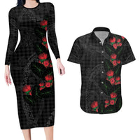 Hawaiian Kakau Art Couples Matching Long Sleeve Bodycon Dress and Hawaiian Shirt Taro Leaves with Ohia Lehua and Pakala Pattern LT03 Black - Polynesian Pride