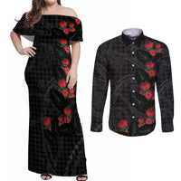 Hawaiian Kakau Art Couples Matching Off Shoulder Maxi Dress and Long Sleeve Button Shirt Taro Leaves with Ohia Lehua and Pakala Pattern LT03 Black - Polynesian Pride