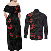 Hawaiian Kakau Art Couples Matching Off Shoulder Maxi Dress and Long Sleeve Button Shirt Taro Leaves with Ohia Lehua and Pakala Pattern LT03 - Polynesian Pride