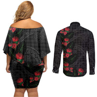Hawaiian Kakau Art Couples Matching Off Shoulder Short Dress and Long Sleeve Button Shirt Taro Leaves with Ohia Lehua and Pakala Pattern LT03 - Polynesian Pride