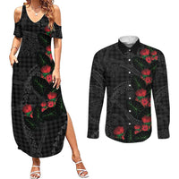 Hawaiian Kakau Art Couples Matching Summer Maxi Dress and Long Sleeve Button Shirt Taro Leaves with Ohia Lehua and Pakala Pattern LT03 Black - Polynesian Pride