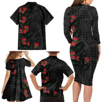 Hawaiian Kakau Art Family Matching Long Sleeve Bodycon Dress and Hawaiian Shirt Taro Leaves with Ohia Lehua and Pakala Pattern LT03 - Polynesian Pride