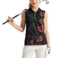 Hawaiian Kakau Art Women Sleeveless Polo Shirt Taro Leaves with Ohia Lehua and Pakala Pattern LT03 - Polynesian Pride