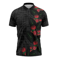 Hawaiian Kakau Art Zipper Polo Shirt Taro Leaves with Ohia Lehua and Pakala Pattern LT03 Black - Polynesian Pride