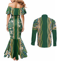 Hawaiian Art Flower Tribal with Lei Couples Matching Mermaid Dress and Long Sleeve Button Shirt Palaka Pattern Green Color LT03 - Polynesian Pride