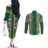 Hawaiian Art Flower Tribal with Lei Couples Matching Off The Shoulder Long Sleeve Dress and Long Sleeve Button Shirt Palaka Pattern Green Color LT03 - Polynesian Pride