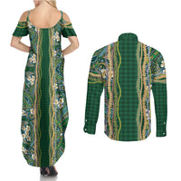 Hawaiian Art Flower Tribal with Lei Couples Matching Summer Maxi Dress and Long Sleeve Button Shirt Palaka Pattern Green Color LT03 - Polynesian Pride