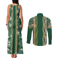 Hawaiian Art Flower Tribal with Lei Couples Matching Tank Maxi Dress and Long Sleeve Button Shirt Palaka Pattern Green Color LT03 - Polynesian Pride