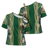 Hawaiian Art Flower Tribal with Lei Cross Shoulder Shirt Palaka Pattern Green Color - Polynesian Pride
