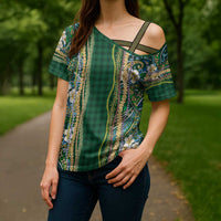 Hawaiian Art Flower Tribal with Lei Cross Shoulder Shirt Palaka Pattern Green Color - Polynesian Pride