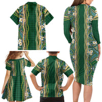 Hawaiian Art Flower Tribal with Lei Family Matching Long Sleeve Bodycon Dress and Hawaiian Shirt Palaka Pattern Green Color LT03 - Polynesian Pride